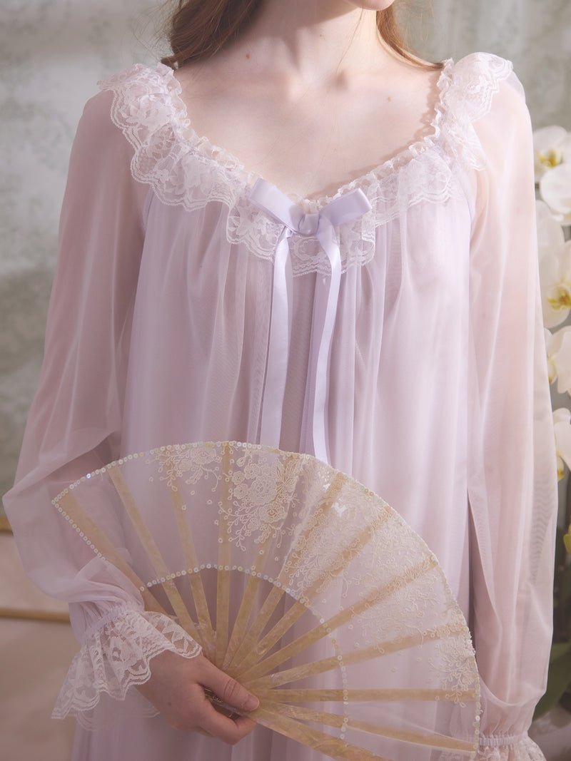 Ice silk long sleeved lace nightgown