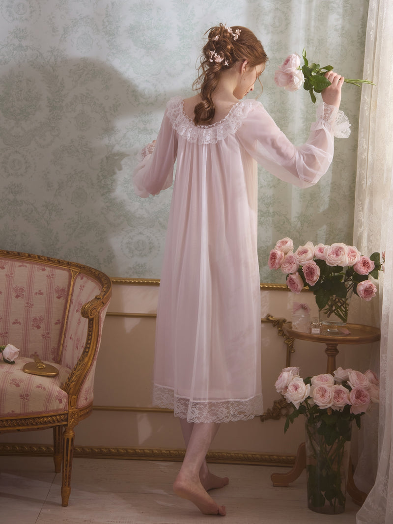 Ice silk long sleeved lace nightgown