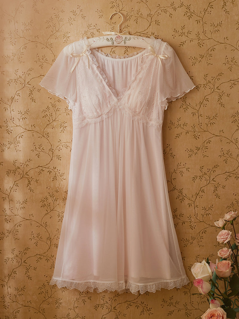 Short Sleeved Lace Ribbon Breast Pad Nightgown