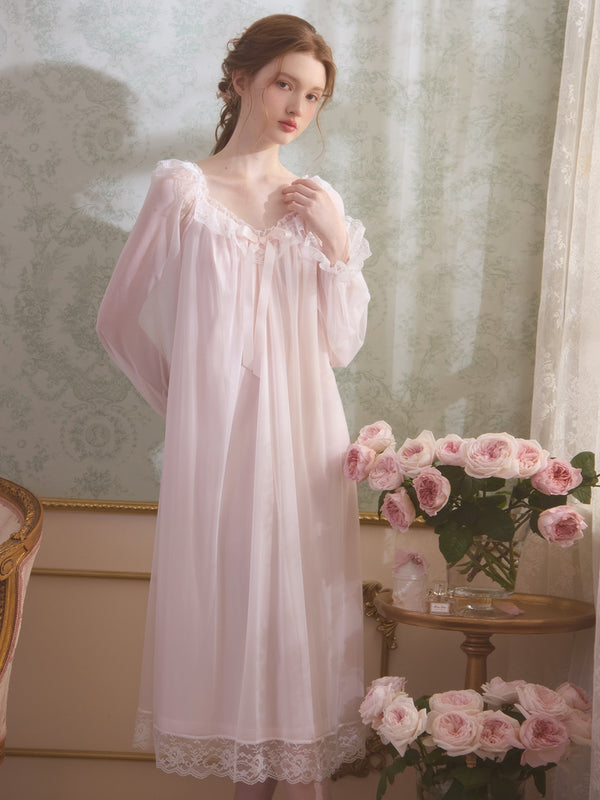 Ice silk long sleeved lace nightgown