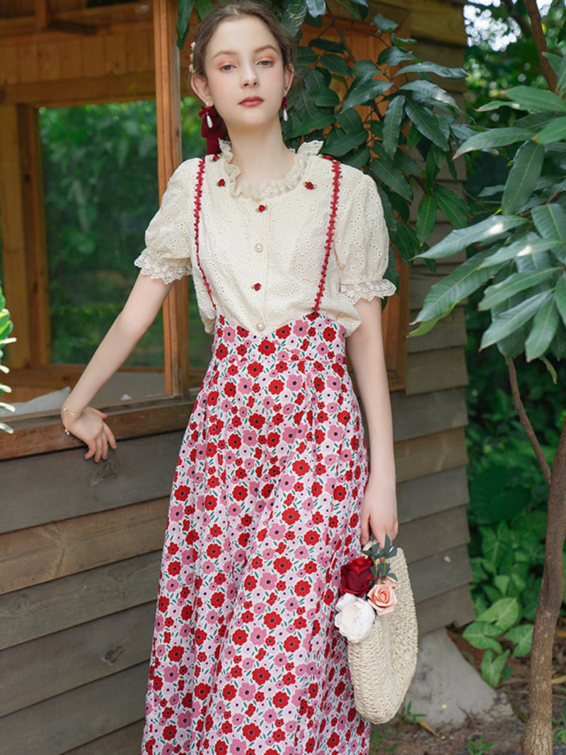 Rose floral Embroidery Strap Skirt