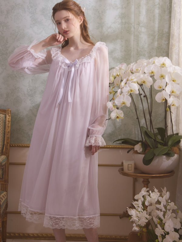 Ice silk long sleeved lace nightgown