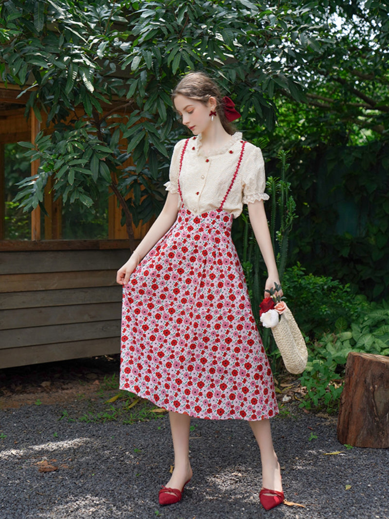 Rose floral Embroidery Strap Skirt