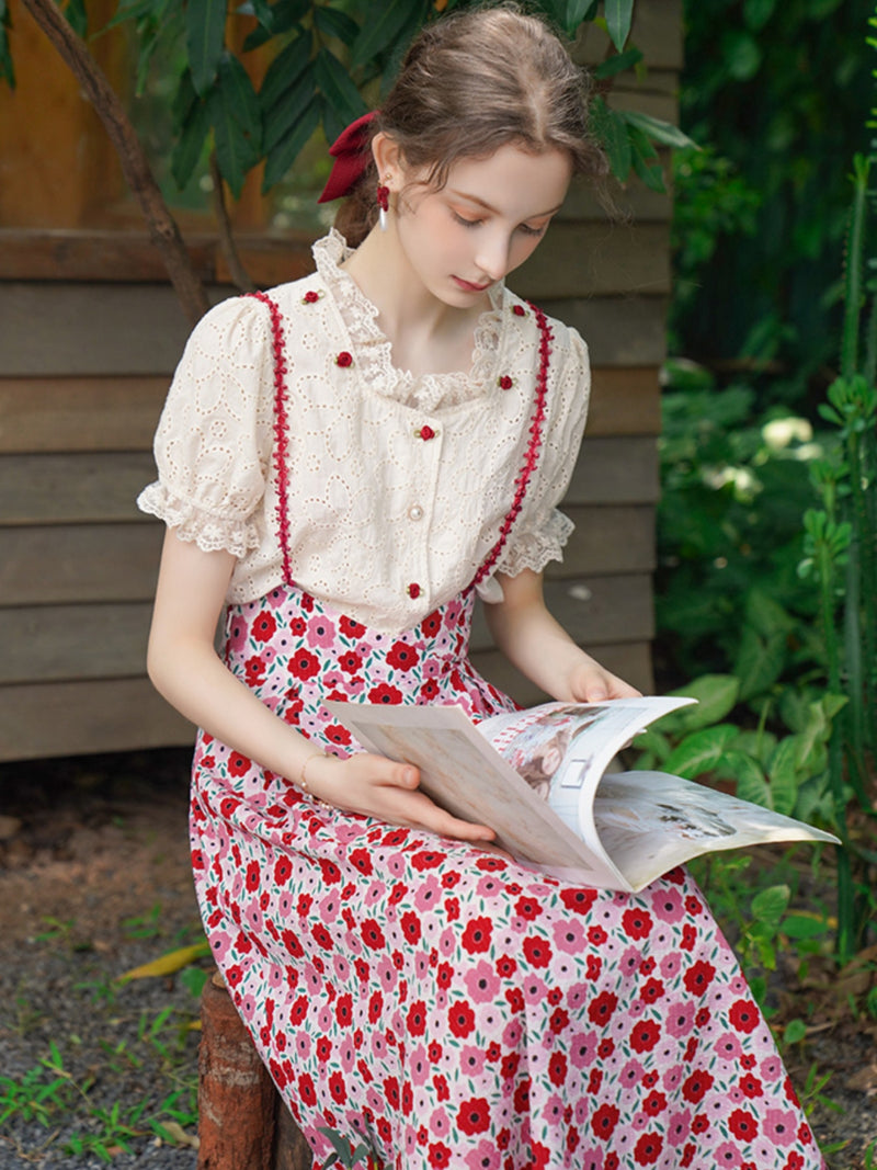 Rose floral Embroidery Strap Skirt