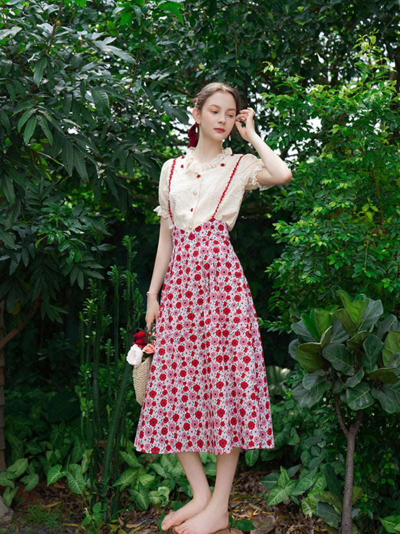 Rose floral Embroidery Strap Skirt