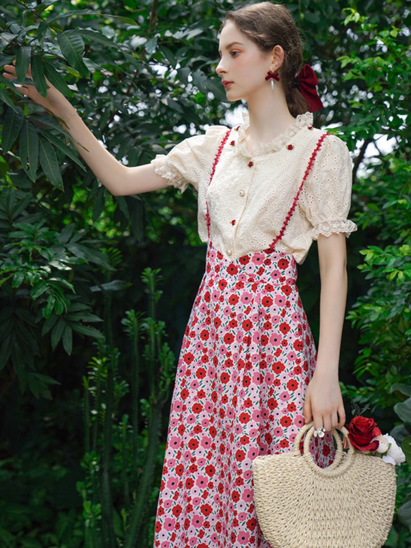 Rose floral Embroidery Strap Skirt