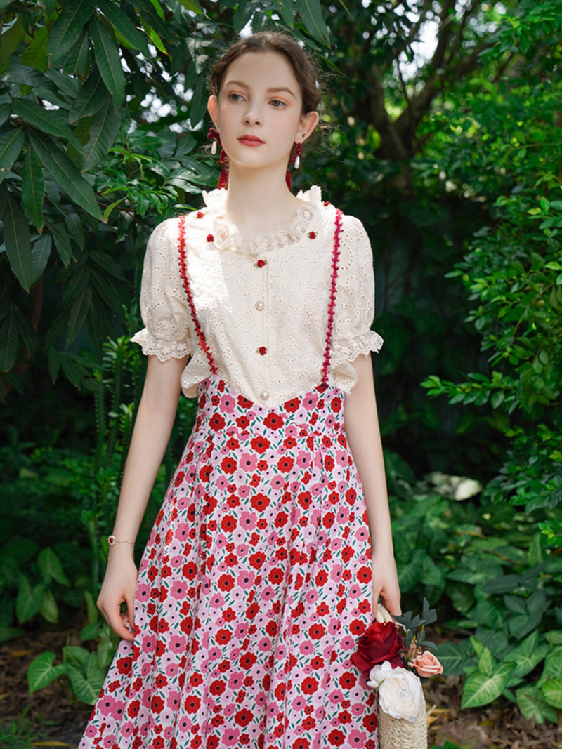 Rose floral Embroidery Strap Skirt